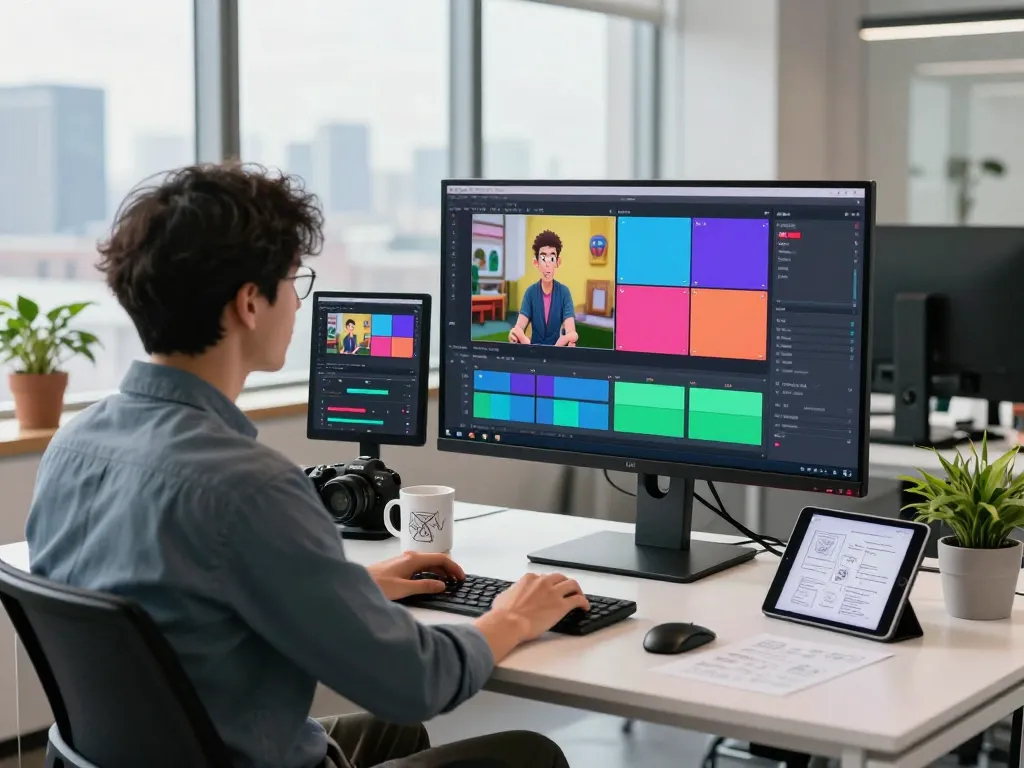 Creative professional using Kling motion AI for video generation in a modern office.