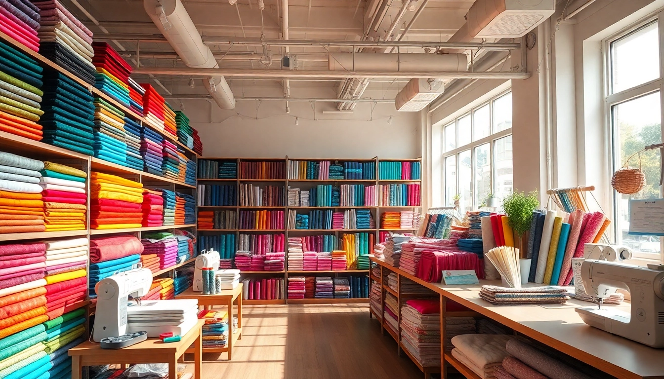 Bekijk stoffen winkel online met kleurrijke stoffen en een uitnodigende sfeer.
