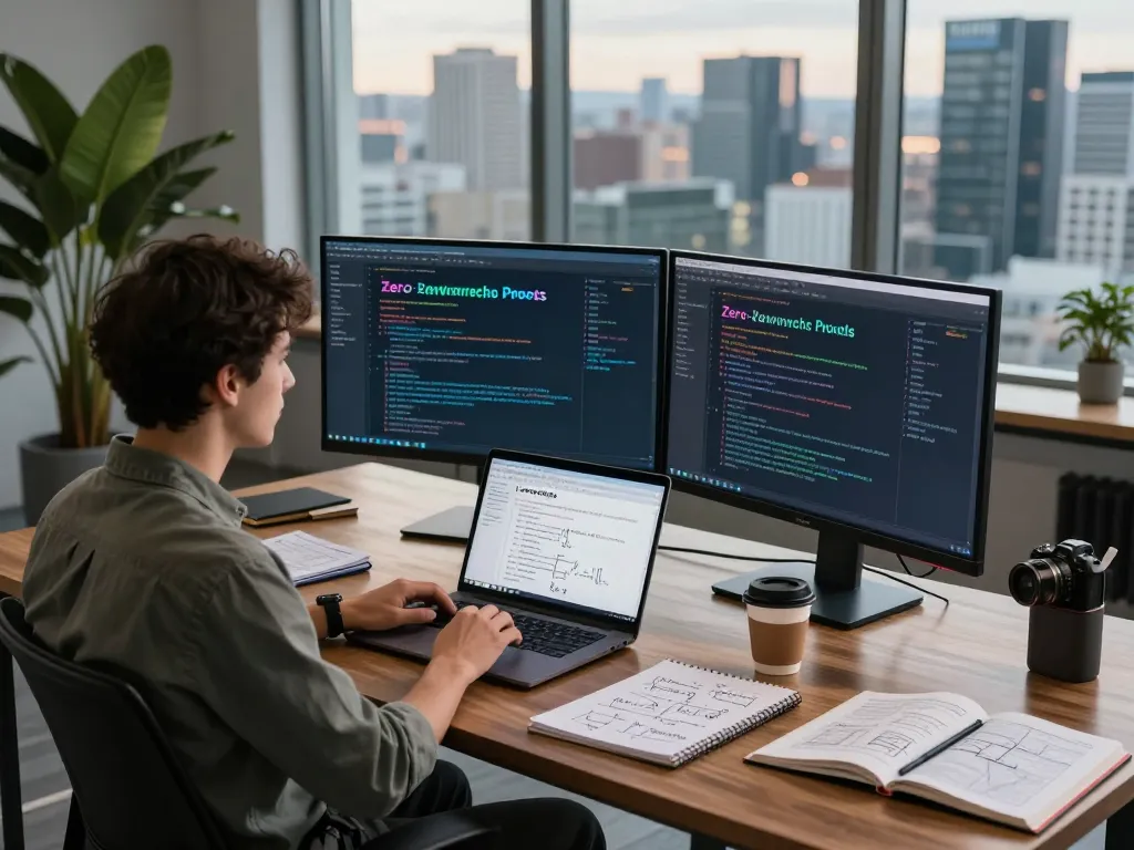 Data scientist analyzing a zero knowledge proof guide in a high-tech workspace with monitors and documentation.
