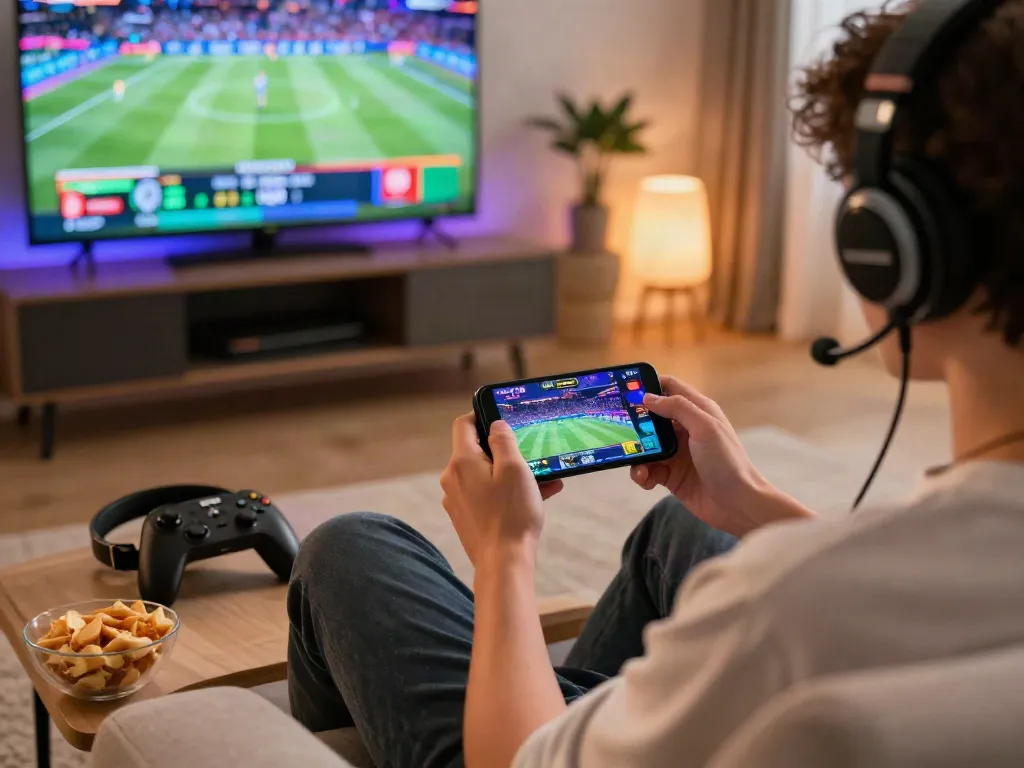 Engaging scene of a gamer enjoying m88 link mobile on a smartphone in a cozy gaming setup with vibrant lights and accessories.