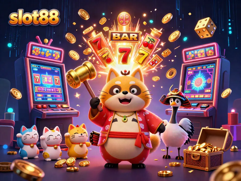 Mainkan slot88 dengan semangat, bersama teman-teman keberuntungan di latar belakang kasino yang meriah.