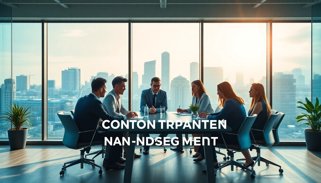 Business professionals collaborating on Contract Management strategies in a modern office environment.