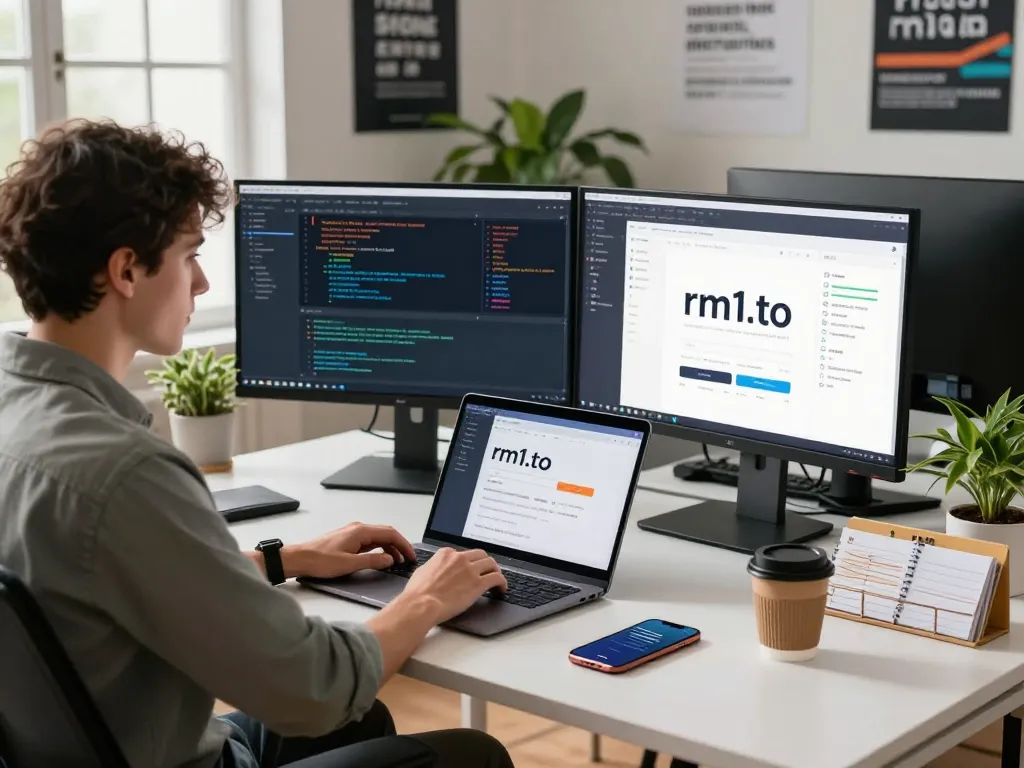 Logging into rm1.to on a modern tech desk with multiple monitors and a laptop.