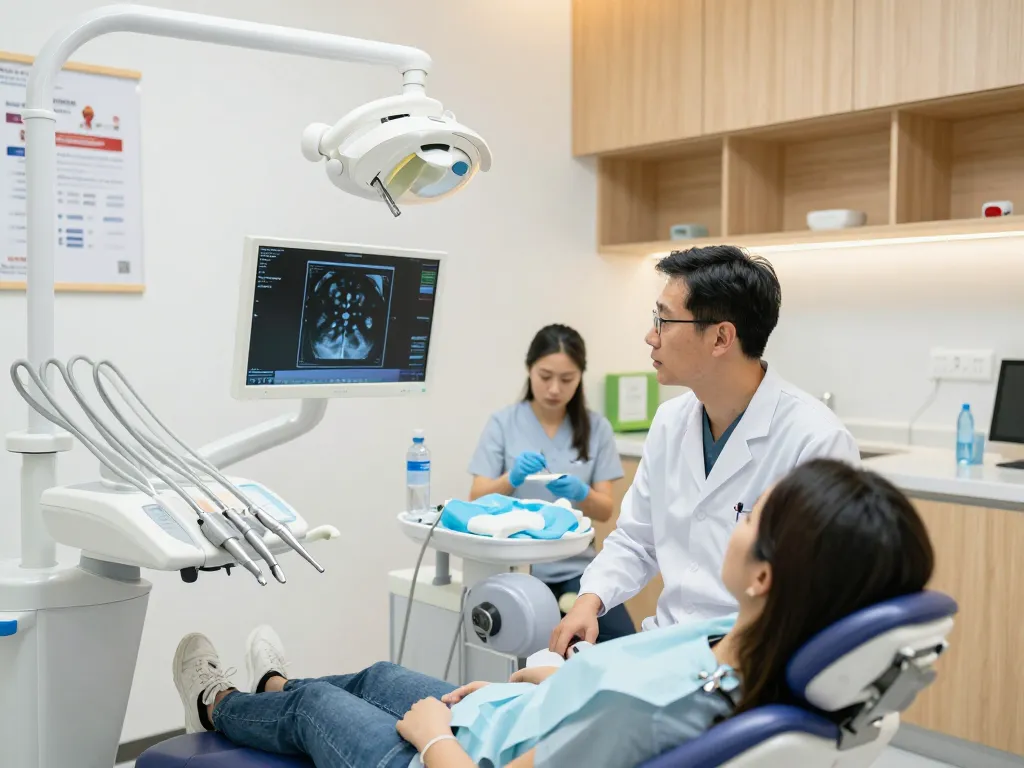 Dentist tips shared in a bright dental clinic with a friendly dentist consulting a patient.