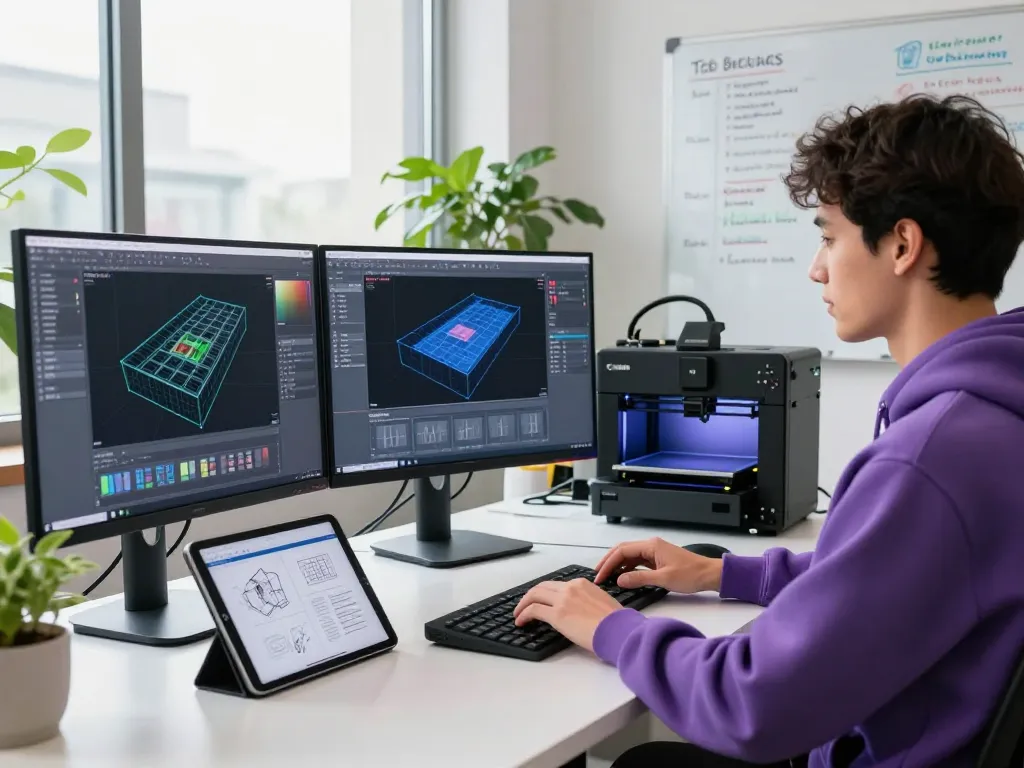 Engineer working on text to cad models in a vibrant tech workspace