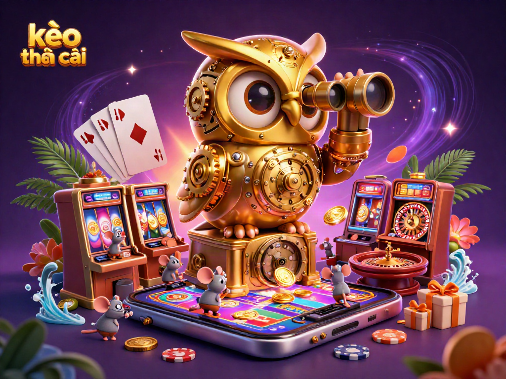Engage with kèo nhà cái as a cartoon golden owl oversees a bustling casino scene with vibrant games and prizes.