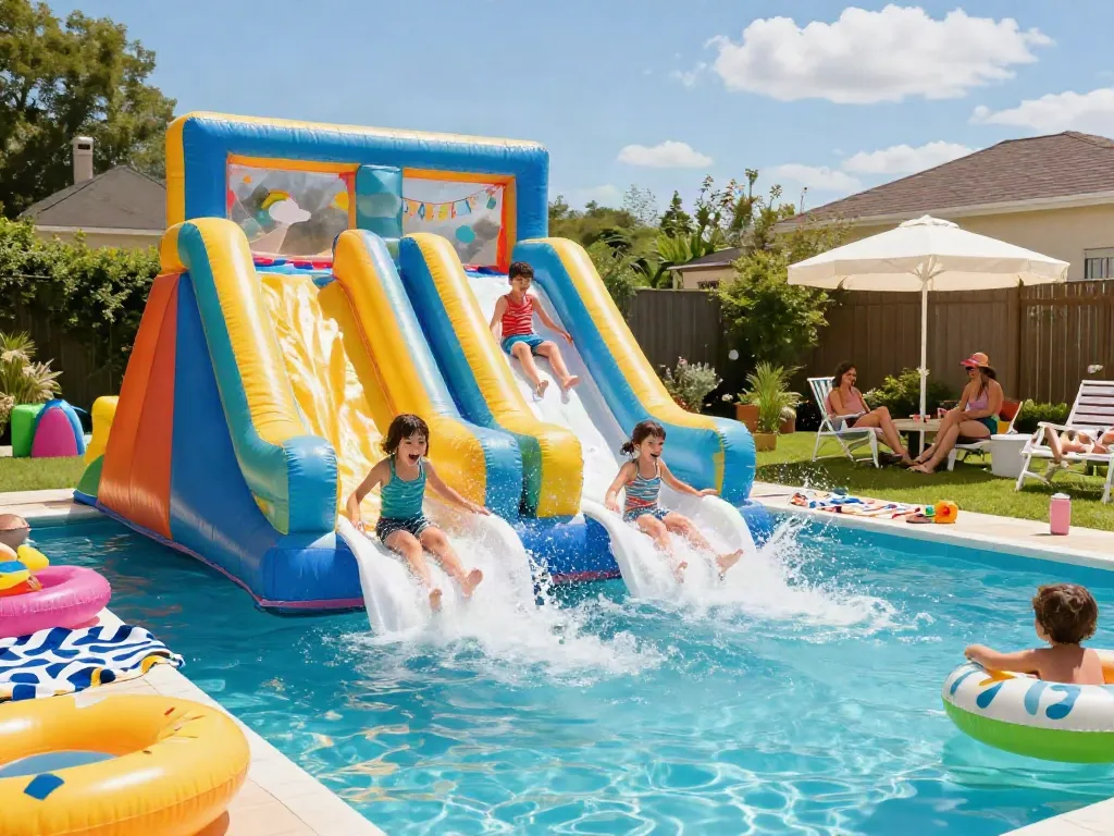 Children enjoying water slides water at a vibrant backyard pool party.