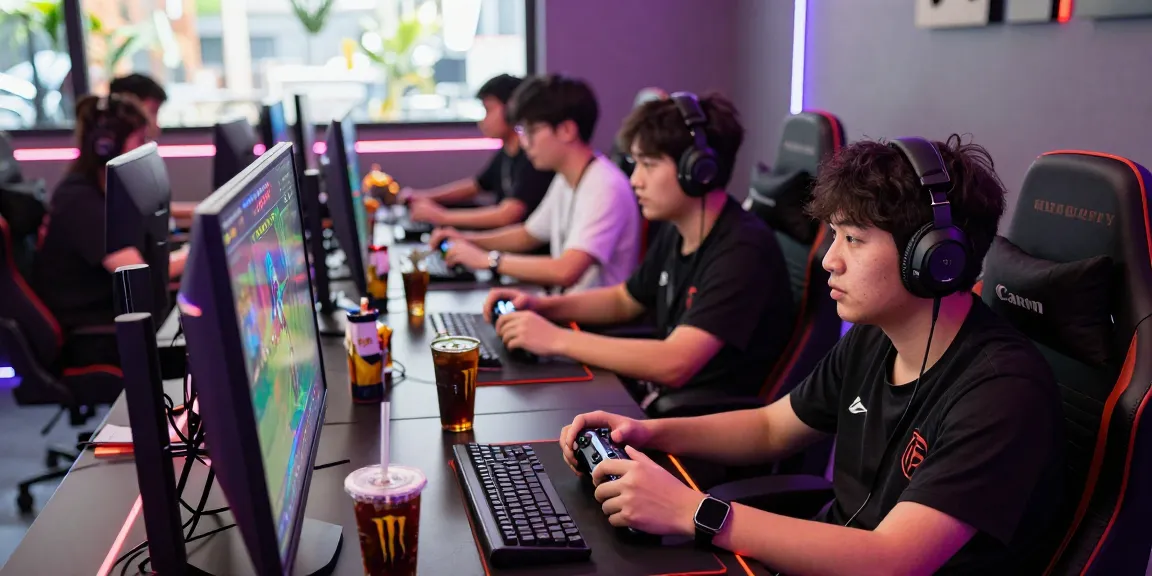 Diverse gamers immersed in a multiplayer competition on https://rokok88.us, surrounded by vibrant LED lighting and gaming gear.
