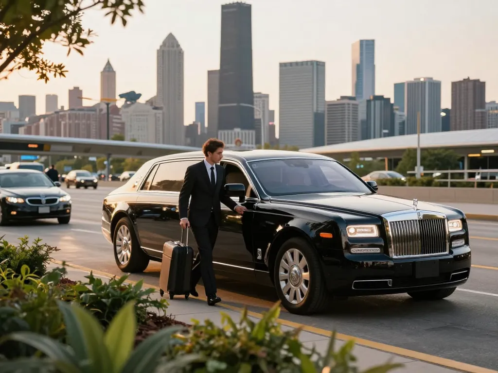 Plainfield to Midway limo service, luxury sedan arriving at Chicago airport with professional chauffeur.