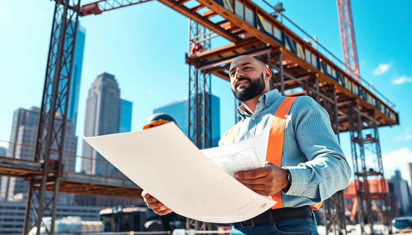 Manhattan General Contractor reviewing blueprints at a busy construction site in New York City.