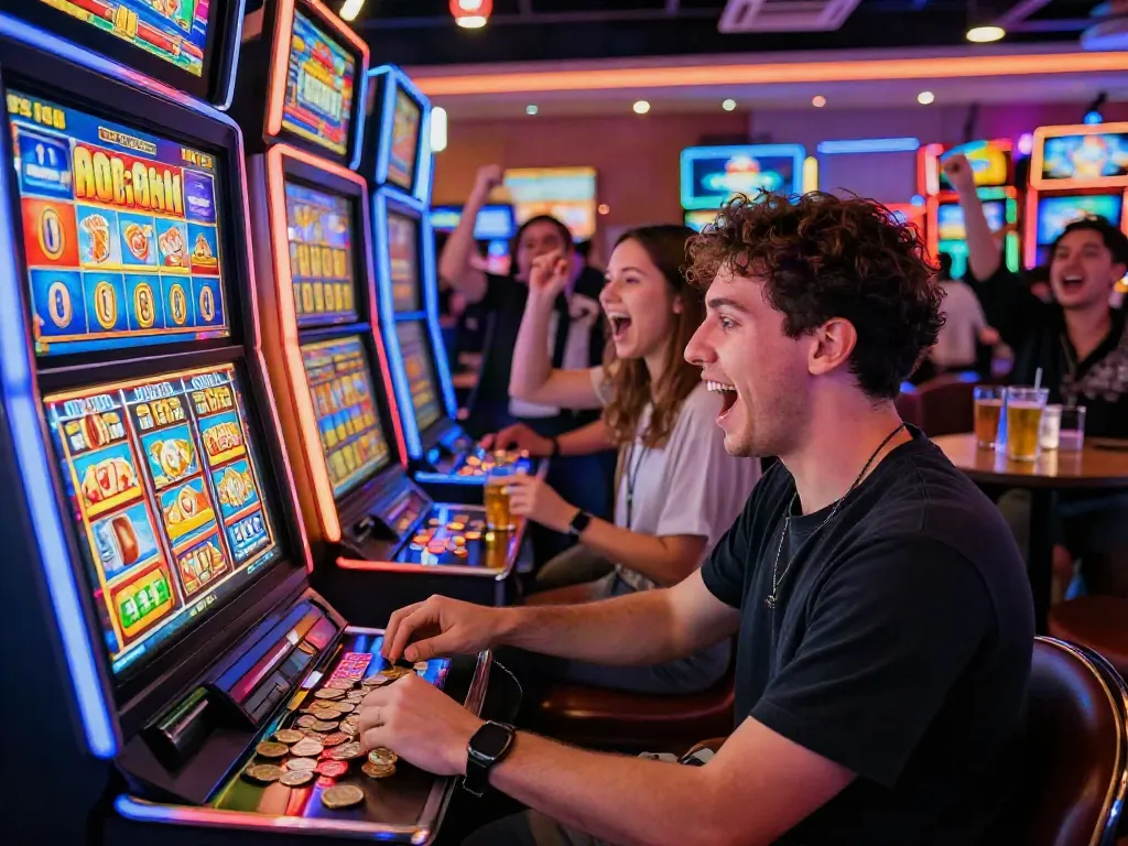 Excited player enjoying situs slot experience at a vibrant casino, surrounded by colorful themes and cheering crowd.