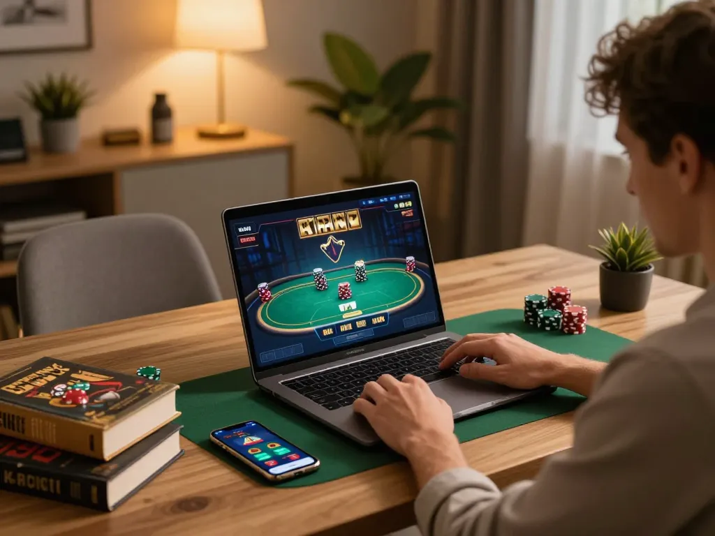 Player enjoying an immersive poker game at home, showcasing FC88 on laptop screen amidst gaming strategy notes.