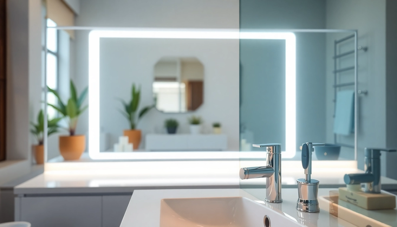 Elegant mirror and led lights illuminating a modern bathroom design with a stylish sink and decor.