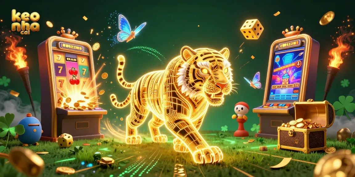 Experience exciting action in keo nha cai with a neon tiger amidst a rich casino backdrop
