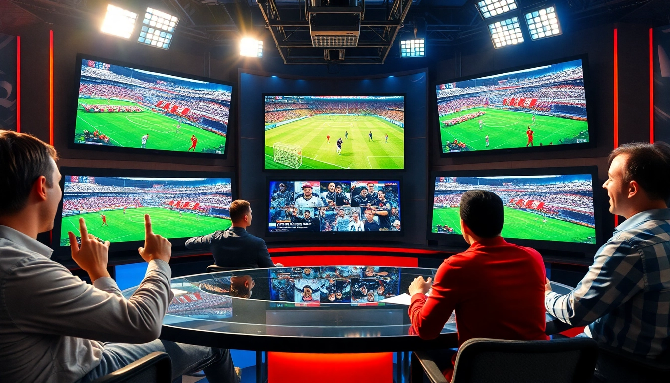 Engaging scene of Sports Broadcasting with commentators, monitors, and vibrant graphics.