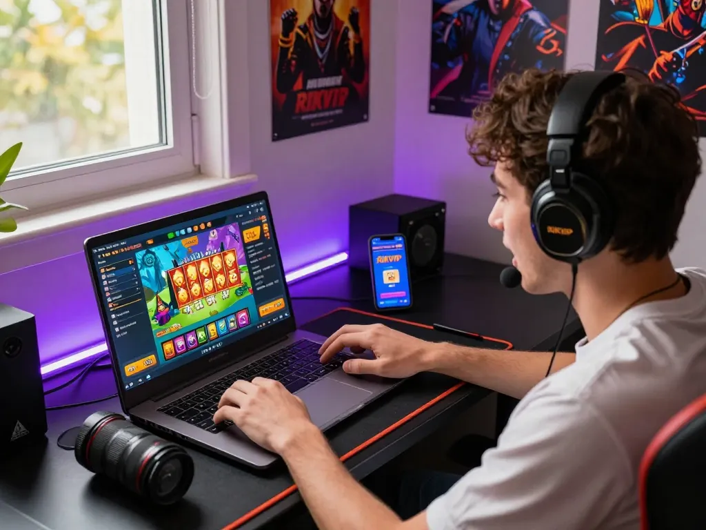 Player enjoying RIKVIP gaming experience on a laptop surrounded by vibrant game visuals in a cozy nook.