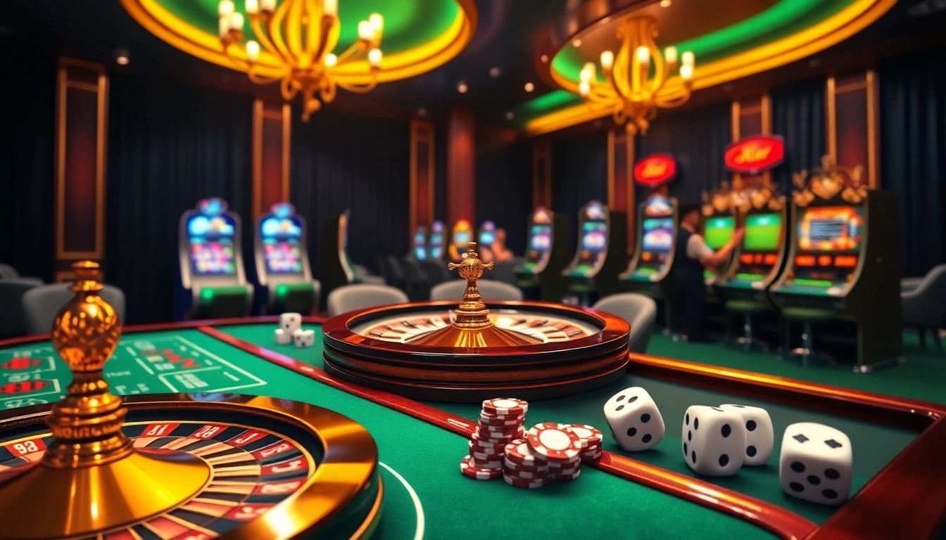 Exciting gambling scene showcasing https://b52pm.com/ with casino tables, slot machines, and vibrant gameplay atmosphere.