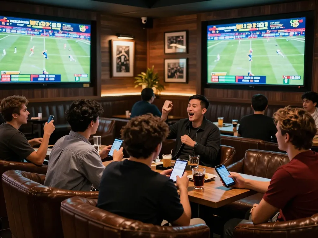 Penggemar SBOBET88 merayakan pengalaman taruhan olahraga langsung yang mendebarkan di lounge yang bergaya.