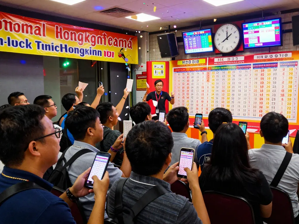Pemain yang bersemangat merayakan hasil HK Hari Ini selama acara undian Togel Hongkong secara langsung, suasana yang meriah dengan konfeti dan tampilan digital.