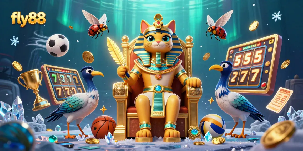 Engage in thrilling gameplay at fly88, featuring an Egyptian pharaoh cat in a vibrant casino environment enriched with slot game elements.