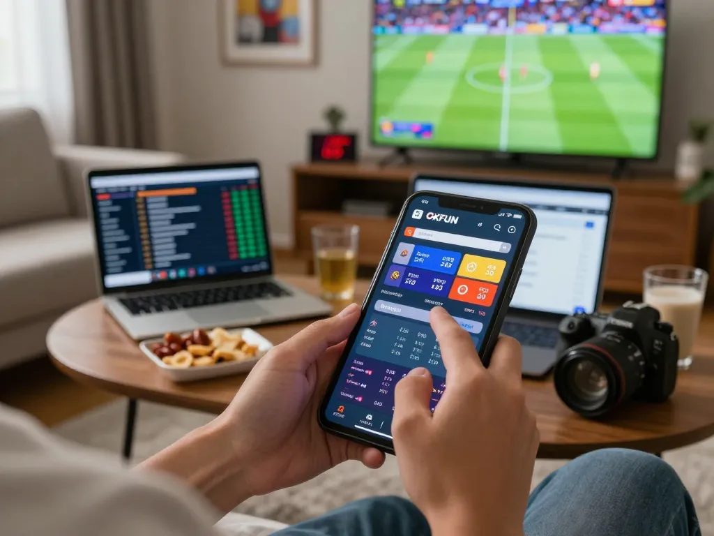 Engaging in online betting on OKFUN platform with live updates and cozy home ambiance.