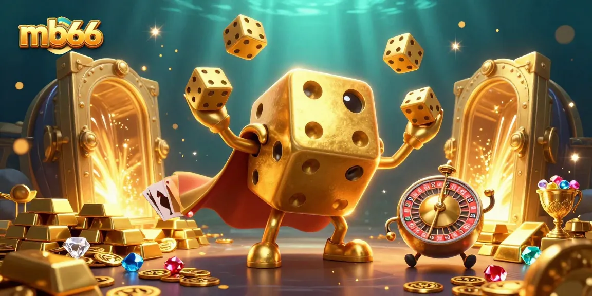 Experience the thrill of mb66 casino with vibrant 3D golden dice characters and treasures.