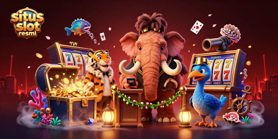 Experience the excitement at situs slot resmi with a woolly mammoth bouncer, saber-tooth tiger guest, and colorful casino elements.