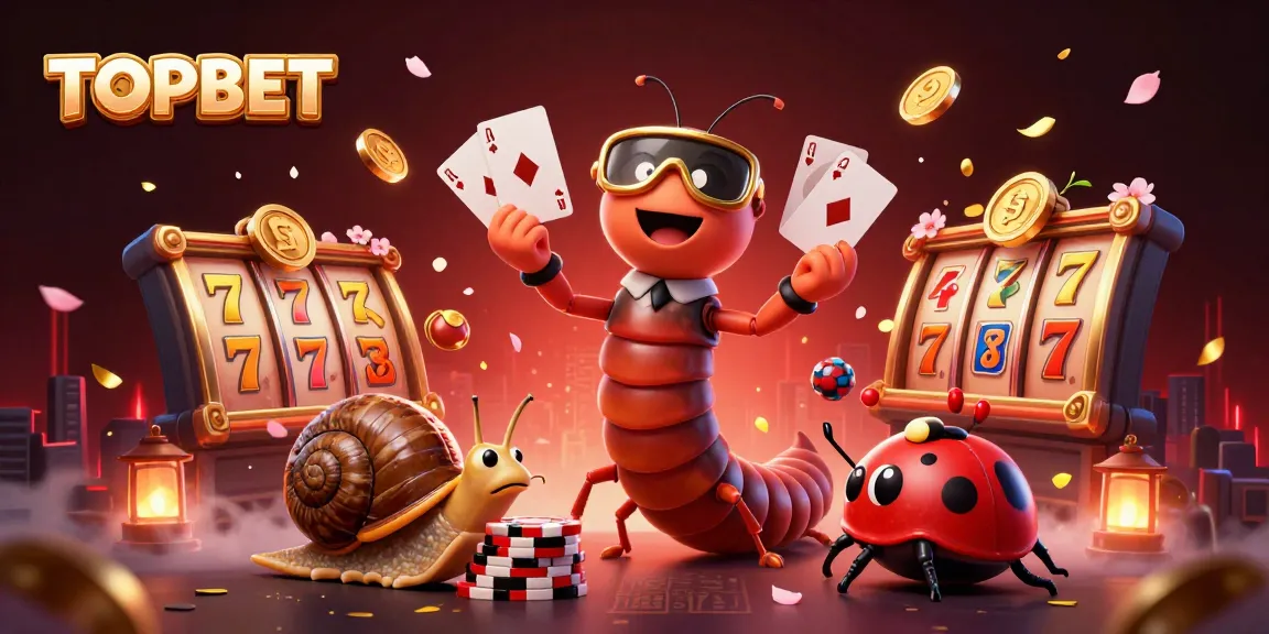 Engage with TOPBET's thrilling gaming world featuring dynamic characters, vibrant slots, and lively illustrations.