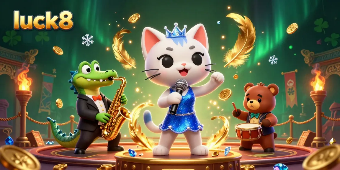 Experience luck8 with a vibrant casino scene featuring a singing cat, saxophone crocodile, and drum bear surrounded by exciting game elements.